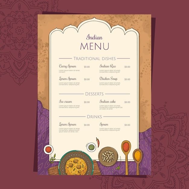 Free Vector _ Indian menu template with hand drawn elements